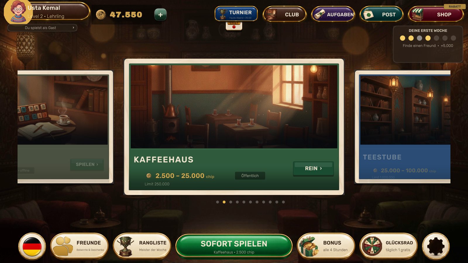 Die Lobby. Tischstufen vom Kaffeehaus bis zum Palast, wähl deinen Einsatz.